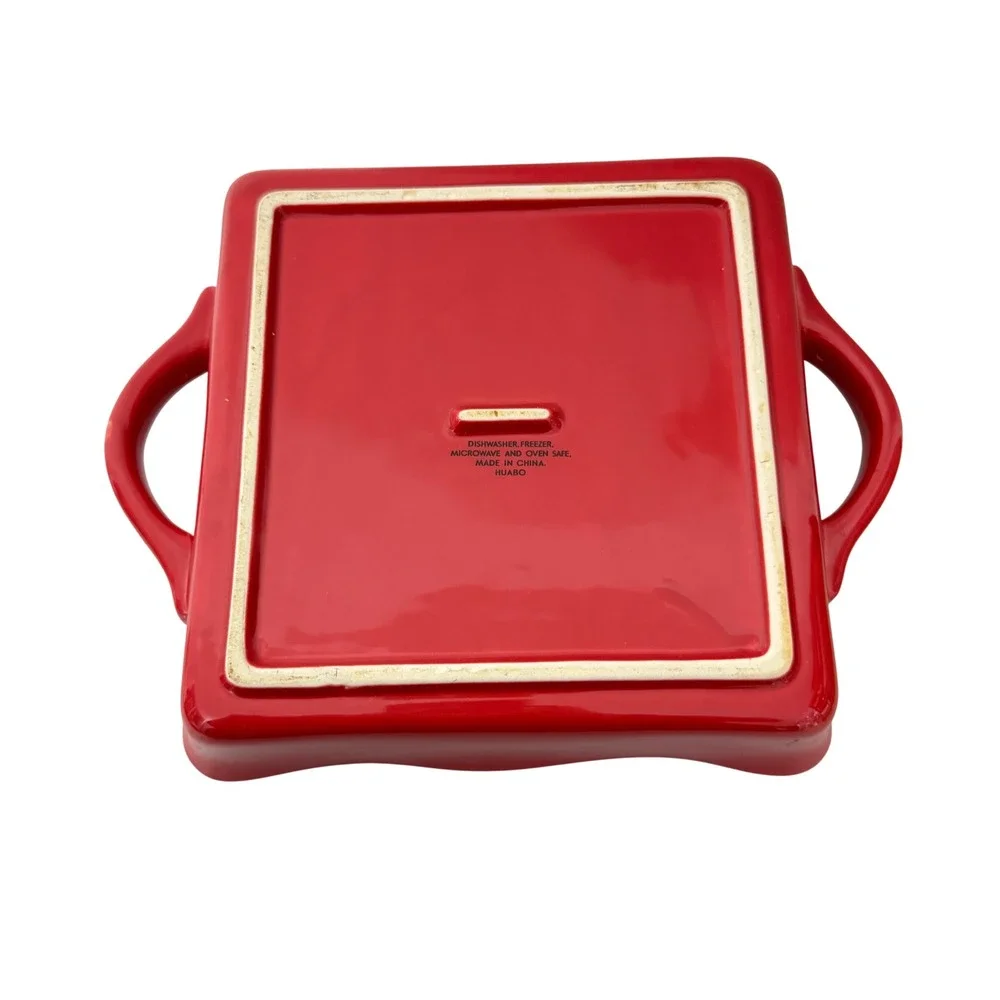 Huabo Square Baking Dish Red Apple Basket Scalloped Ceramic Baker
